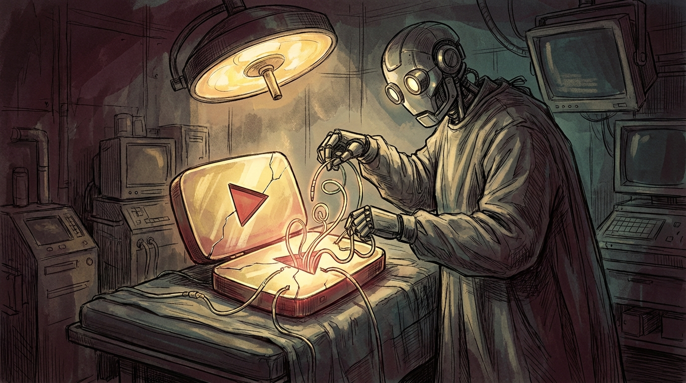 Robot performing surgery on a YouTube play button
